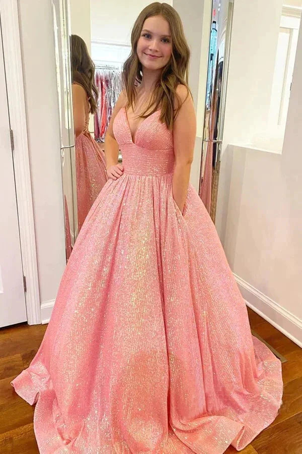 Wholesale Sparkly Sequins Spaghetti Straps Prom Dresses With Pockets